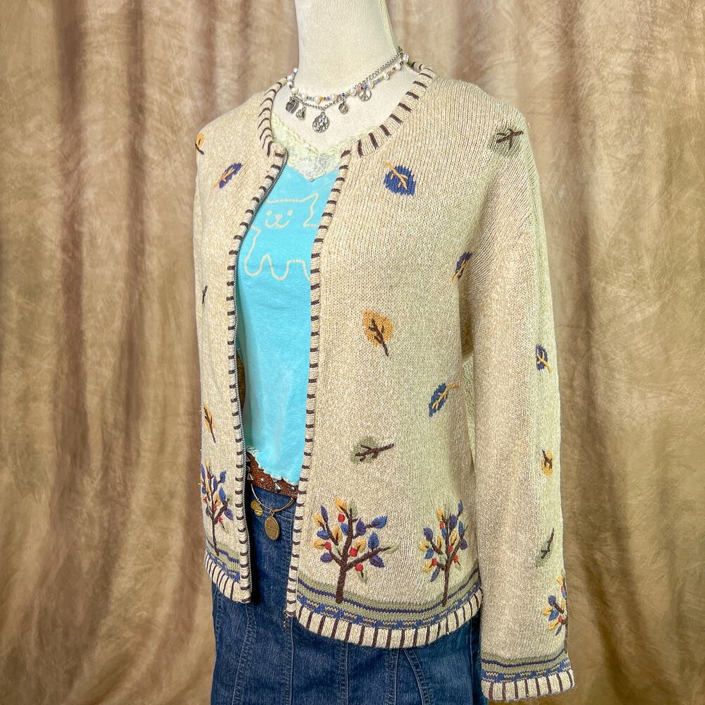 Vintage Y2K Fall Foliage Embroidered Cardigan Sweater Zip Up Knit Tan Cabincore